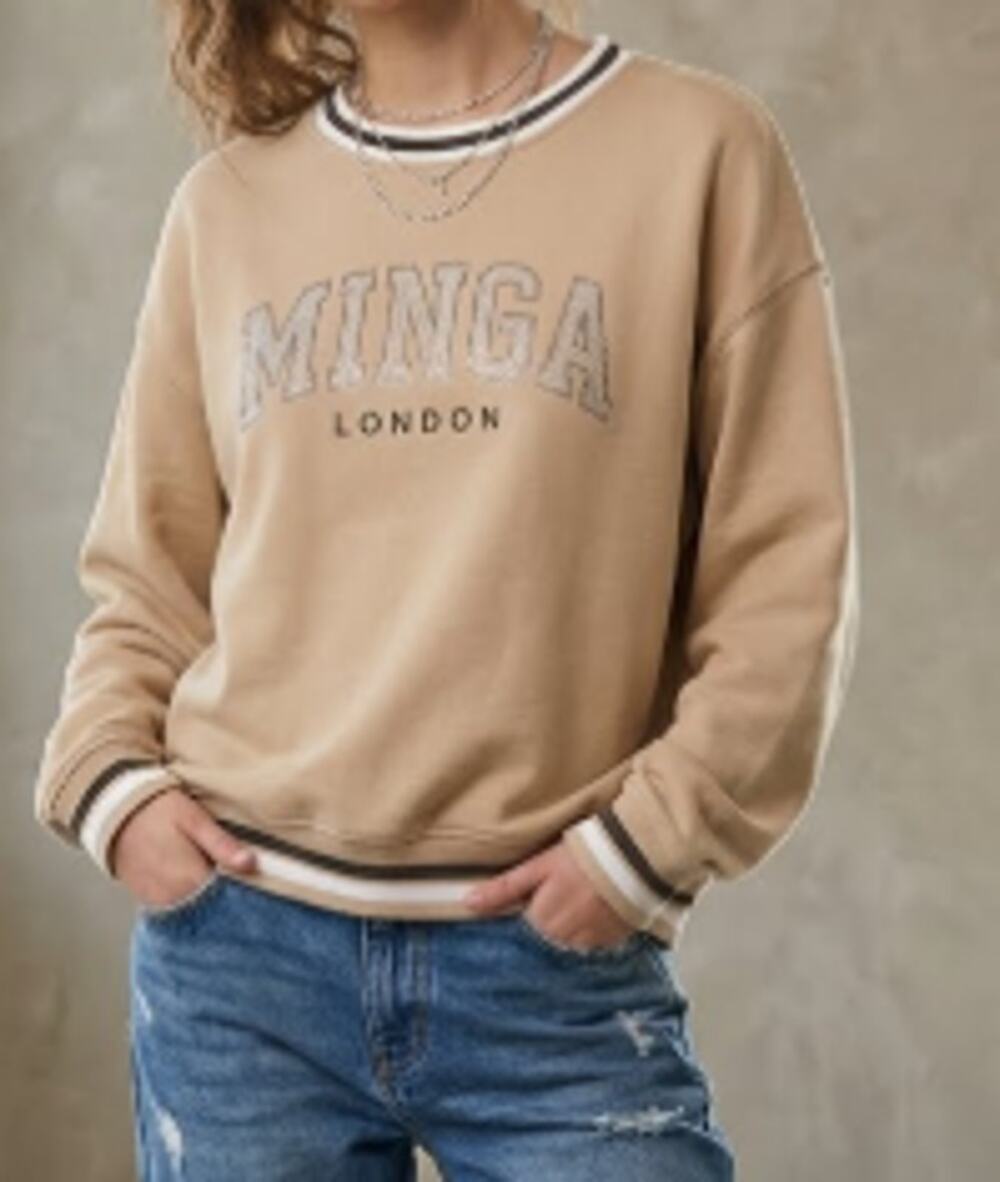 Minga London Tan Spell Out Collegiate Style Sweatshirt sz 6 US